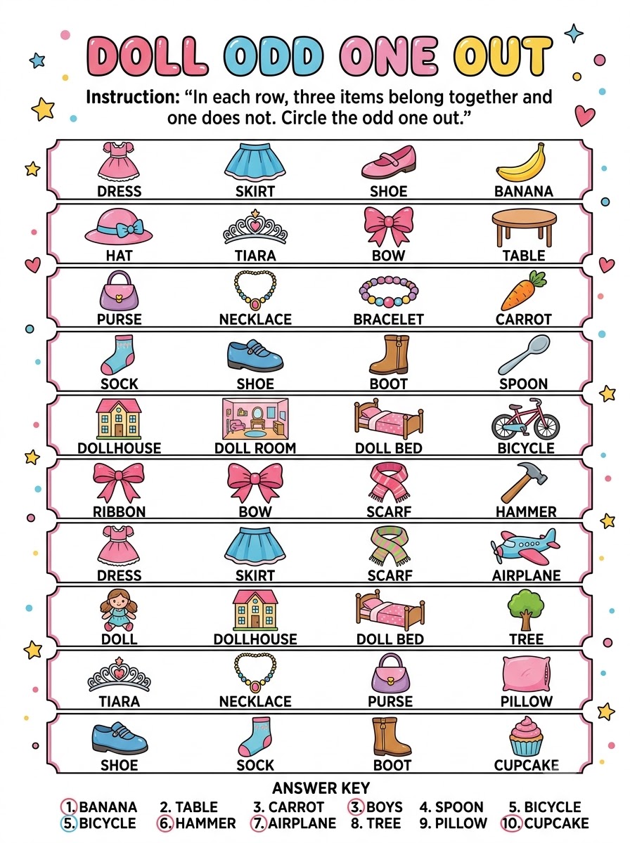 Doll Odd One Out — visual discrimination activity finding the item that doesn't belong in each row